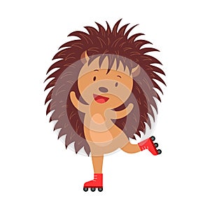 Cartoon joyful hedgehog rollerblading. Smiling funny urchin