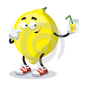 Cartoon joyful lemon holding a glass with juice
