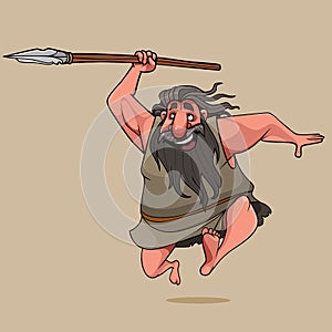 Cartoon joyful man running fast with spear in hand