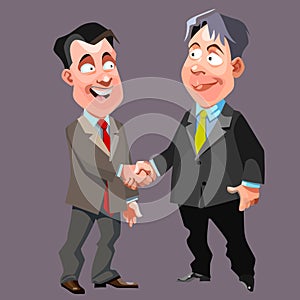 Cartoon joyful men in suits and ties shake hands