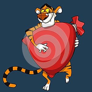 Cartoon joyful tiger carrying a big red bag