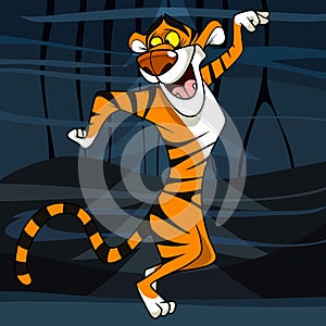 Cartoon joyful tiger dancing standing on its hind legs