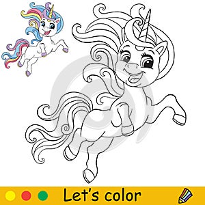 Cartoon joyful unicorn coloring book page vector