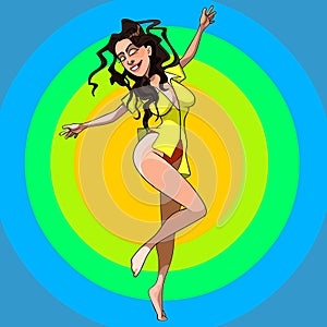 Cartoon joyful woman dancing merrily against the background of a circle photo