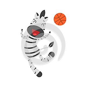 Cartoon joyful zebra with basketball. Animal sport