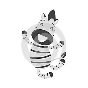 Cartoon joyful zebra jumping isolated on white. Smiling zebra hopping.