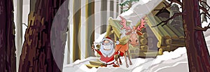 Cartoon joyous Santa Claus standing with a moose in the winter woods