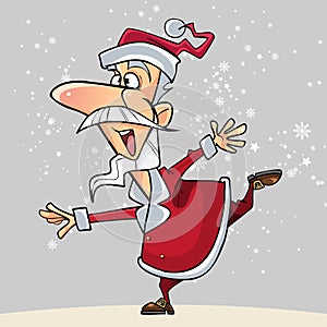 Cartoon joyous Santa Claus stands in a pose swallow