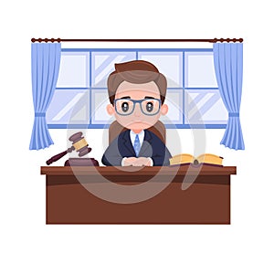 Cartoon Judge at Desk with Gavel and Open Book in Office Setting photo