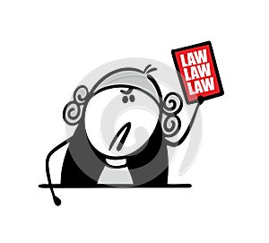Cartoon judge in a wig and a black robe holds a set of laws in his hand. Vector illustration of doodle strict man