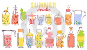 Cartoon juice and lemonade. Refreshing summer drinks with lemon in glass, bottle or jug. Fruit or berry beverages and