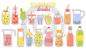 Cartoon juice and lemonade. Refreshing summer drinks with lemon in glass, bottle or jug. Fruit or berry beverages and cocktails