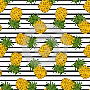 Cartoon juicy yellow Pineapple seamless pattern. Summer tropical Fruit. Natural vegetarian healthy sweet food. Vector background