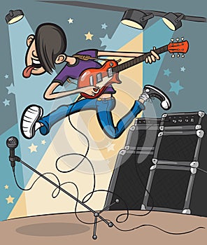 Cartoon jumping guitarist on stage