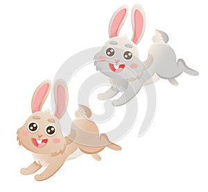 Cartoon jumping rabbits. Cute brown and grey rabbits are running. Vector illustration on white isolated background.
