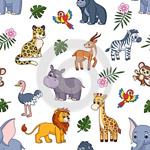 Cartoon jungle animal print. Lion, elephant and zebra. Kids wild zoo characters, safari leopard and horilla. Art cute