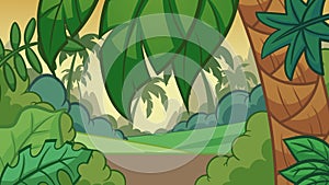 Cartoon jungle background with a big palm tree