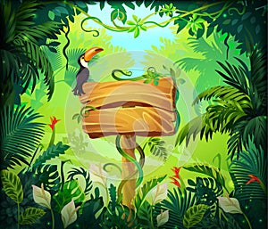 Cartoon jungle background. Tropical forest nature frame, game screen with wooden panel and green exotic leaves. Vector