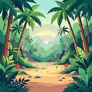 Cartoon Jungle Forest Path Tropical Landscape Travel Background photo