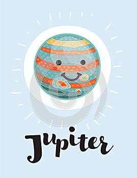 Cartoon Jupiter with lightning, planet, vector character, Solar system.