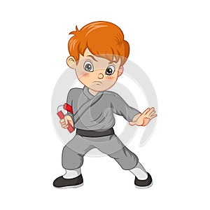 Cartoon karate kid holding nunchaku