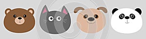 Cartoon kawaii baby bear, cat, dog, panda. Animal head face icon set. Cute cartoon kawaii character. Flat design. Isolated. Gray