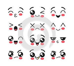 Cartoon Kawaii Emojis, Conveying Warmth And Innocence. Endearing Faces, Featuring Big, Sparkling Eyes, Blushing Cheeks