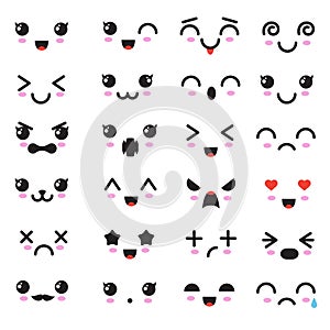 Cartoon kawaii eyes and mouths. Cute emoticon emoji characters in japanese style