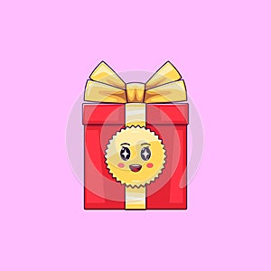 Cartoon kawaii Gift Box with Admiring face. Cute red Gift with golden Bowknot