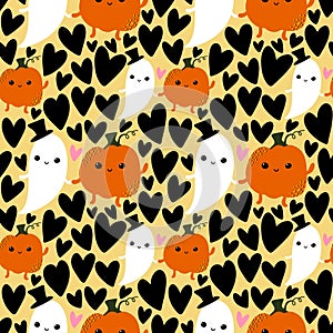 Cartoon kawaii Halloween seamless pumpkins and ghost pattern for wrapping paper and fabrics and linens and kids