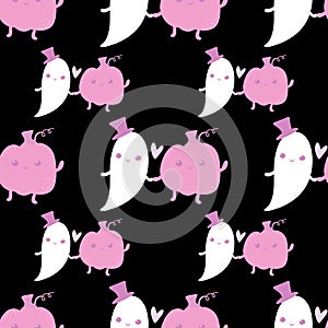 Cartoon kawaii Halloween seamless pumpkins and ghost pattern for wrapping paper and fabrics and linens and kids