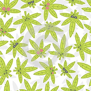 Cartoon kawaii weed seamless vector pattern white