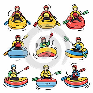 Cartoon kayakers paddling colorful kayaks, wearing life jackets helmets. Recreational water sports