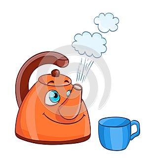 Cartoon kettle with boiling water with eyes and a cup