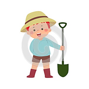 Cartoon kid boy gardener with a shovel