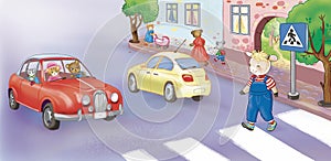 cartoon kid crosses the street in front of cars. Traffic Laws