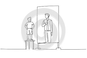 Cartoon of kid dreaming become success businessman in the future. One line art style