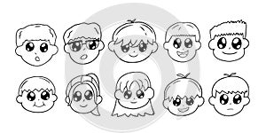 Cartoon kid face avatas set. Different kids with emotions outline style