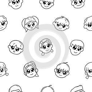 Cartoon kid faces seamless pattern. Different kids with emotions outline style
