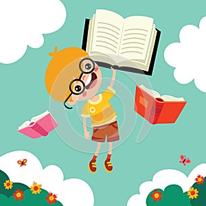 Cartoon Kid Flying With Book