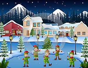 Cartoon of kid group wearing elf costume dancing in the snowy village