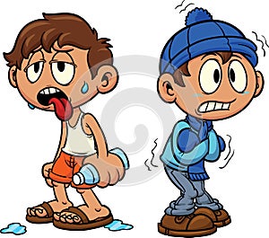 Cartoon kid in hot and cold weather photo