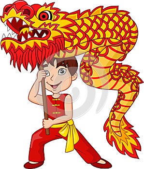 Cartoon kid performing dragon dance