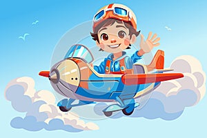 Cartoon kid pilot on toy airplane