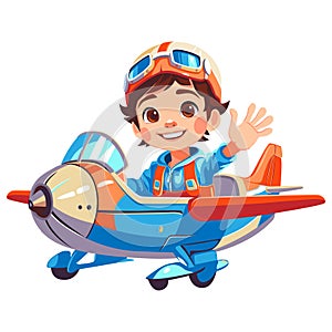 Cartoon kid pilot on toy airplane