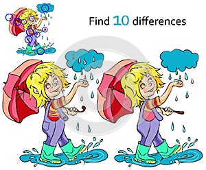 Cartoon kid playing in the rain. Vector