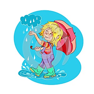 Cartoon kid playing in the rain. Vector illustration.