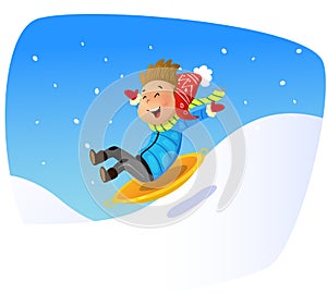 Cartoon kid rolling down the mountain slope on sled photo