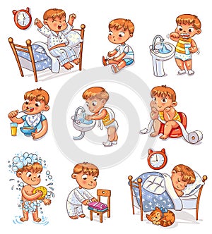 Cartoon kid daily routine activities set