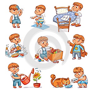 Cartoon kid daily routine activities set photo